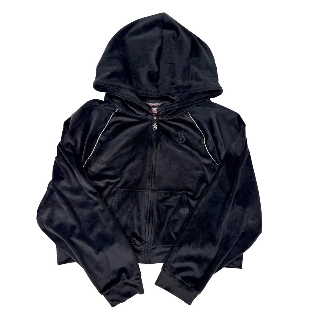 Victoria's Secret‎ Velour Zip Up Hoodie Womens XL Black Rhinestone Trim